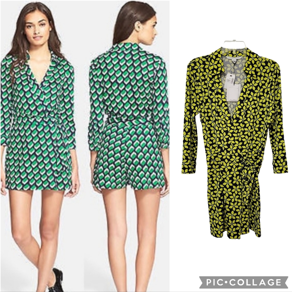 NWT Diane von Furstenberg Celeste Floral Wrap Skort Romper Size 10 Navy Yellow